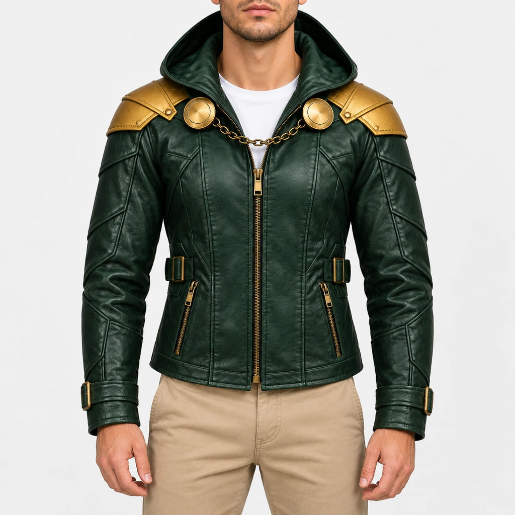 Men’s green hooded faux leather jacket with gold shoulder armor, chain clasp, buckle waist straps and front zipper