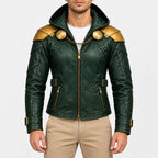 Men’s green hooded faux leather jacket with gold shoulder armor, chain clasp, buckle waist straps and front zipper