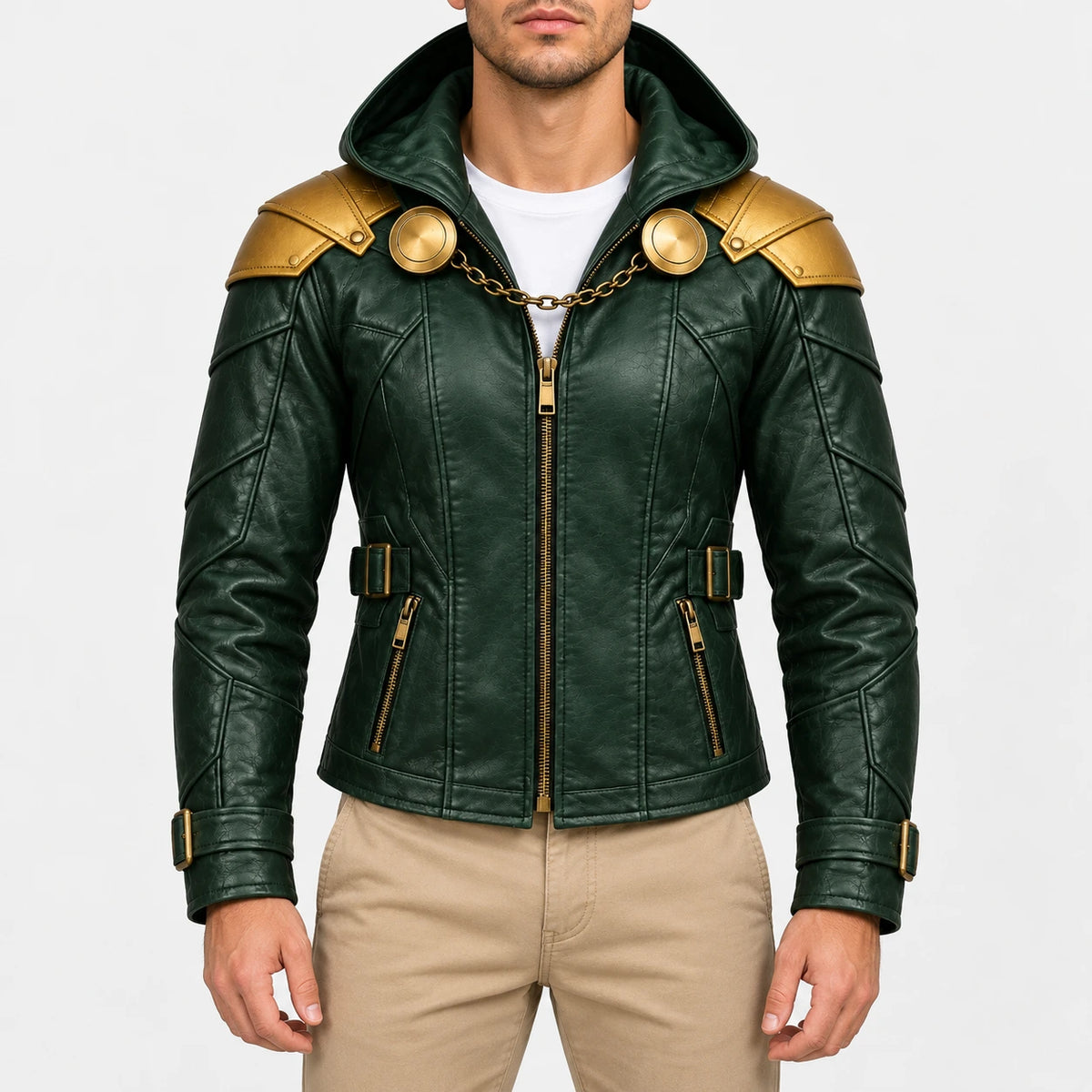 Men’s green hooded faux leather jacket with gold shoulder armor, chain clasp, buckle waist straps and front zipper