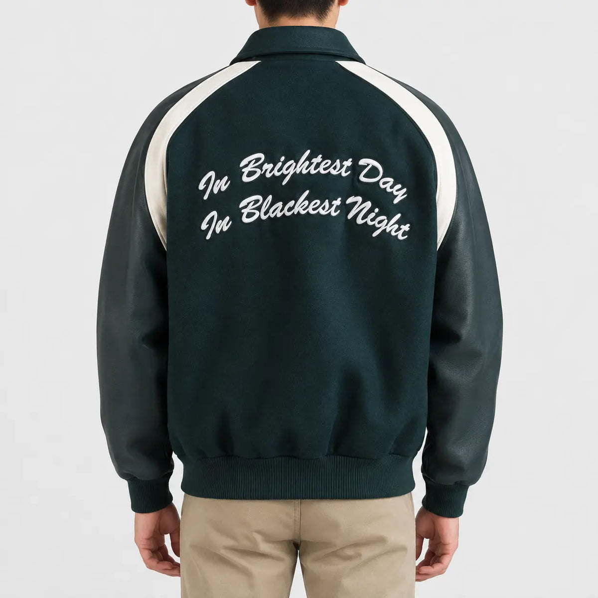 Green Lantern Varsity Jacket back view showcasing bold Green Lantern graphics and superhero-inspired varsity design.