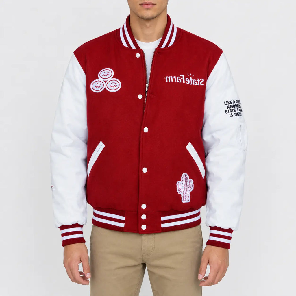 Men’s maroon wool varsity jacket with white leather sleeves, striped rib trim, snap front and embroidered patches