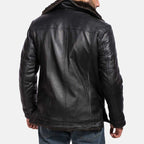 Men's Furcliff black leather coat with fur collar and straight hem