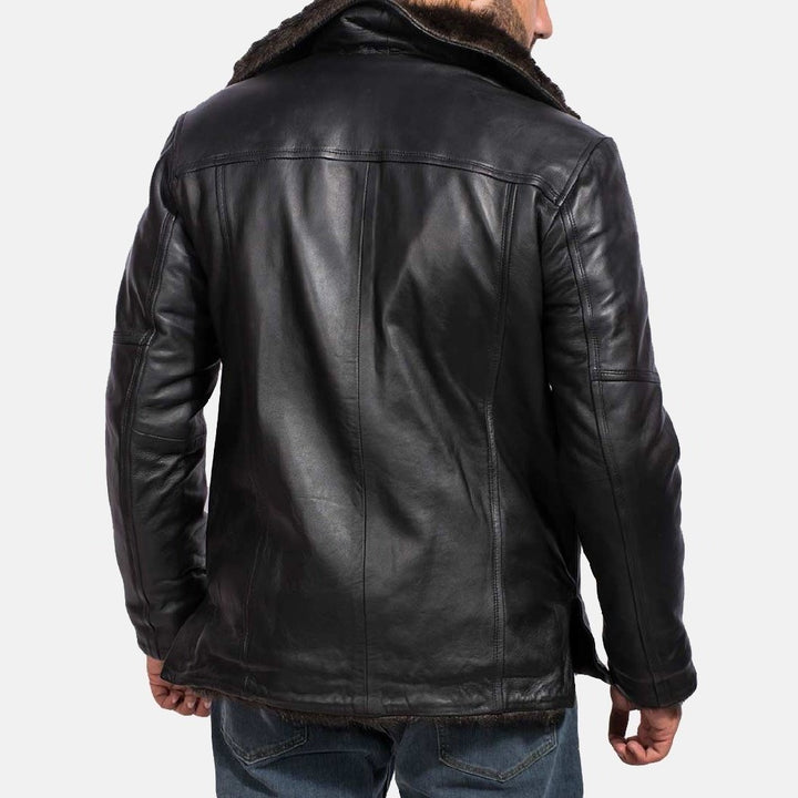 Men's Furcliff black leather coat with fur collar and straight hem