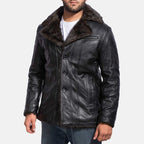 Men's Furcliff black leather coat worn closed with wide fur collar and slit chest pocket