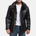 Men's Furcliff black leather coat with faux fur lined collar and open front