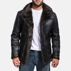 Men's Furcliff black leather coat with faux fur lined collar and open front