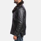 Men's Furcliff black leather coat with faux fur collar and fitted sleeve