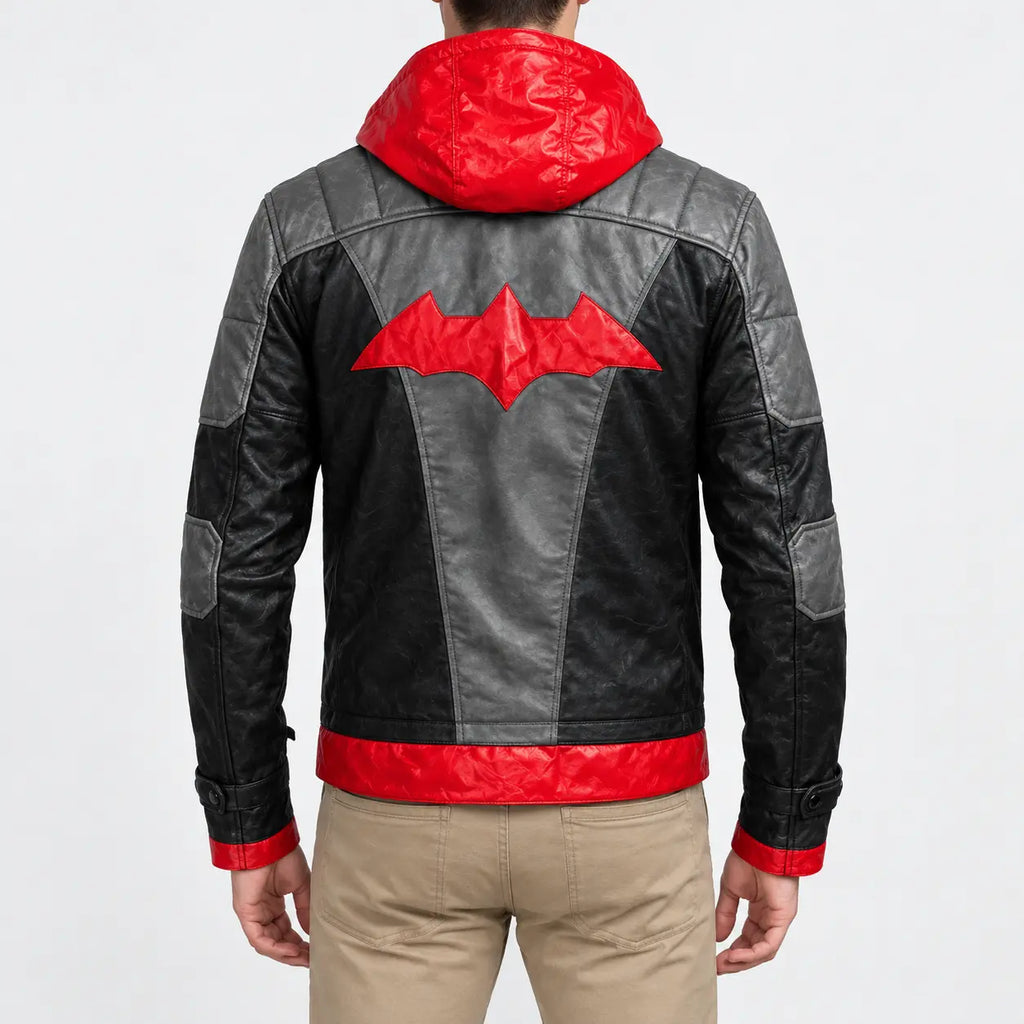 Men’s black and red hooded leather jacket with grey shoulder panels and red trim hem