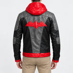 Men’s black and red hooded leather jacket with grey shoulder panels and red trim hem