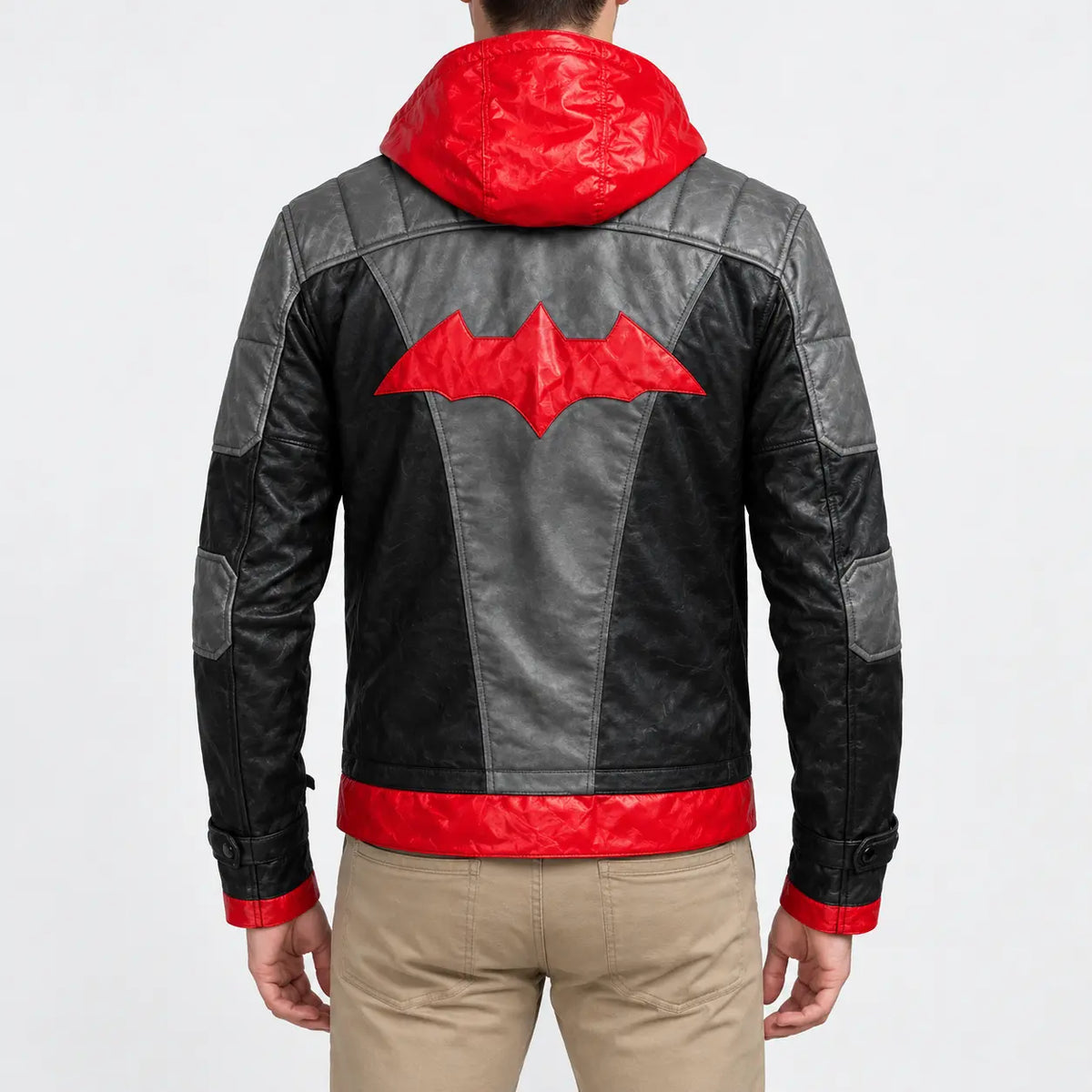 Men’s black and red hooded leather jacket with grey shoulder panels and red trim hem