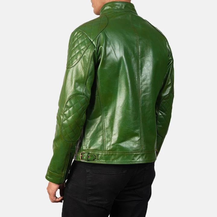 Gatsby green leather biker jacket close-up quilted shoulder detail