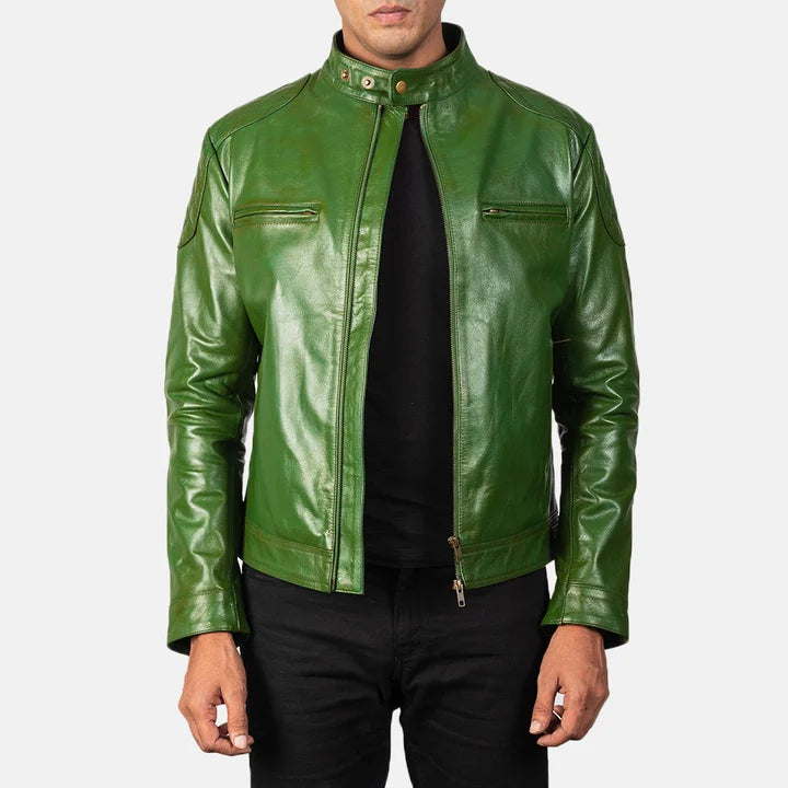 Men's green leather biker jacket back view with quilted panel detail