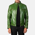 Men's green leather biker jacket back view with quilted panel detail