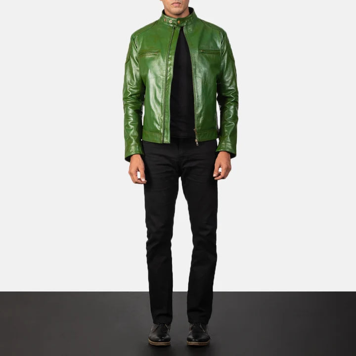 Gatsby green leather biker jacket full body styling with pants