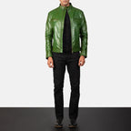 Gatsby green leather biker jacket full body styling with pants