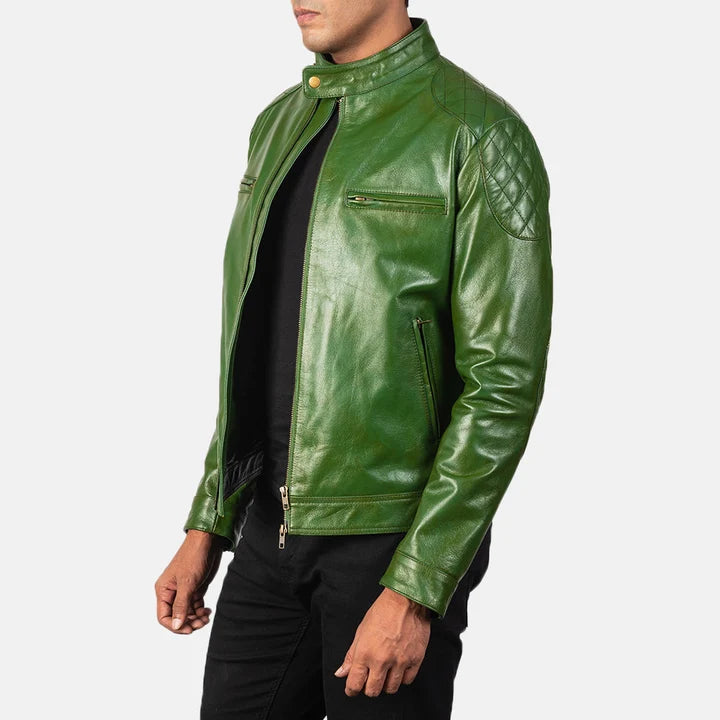 Gatsby green leather biker jacket side view