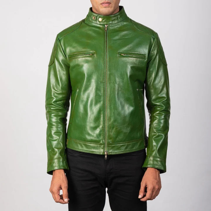 Gatsby green leather biker jacket front view on model