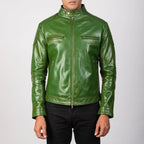 Gatsby green leather biker jacket front view on model