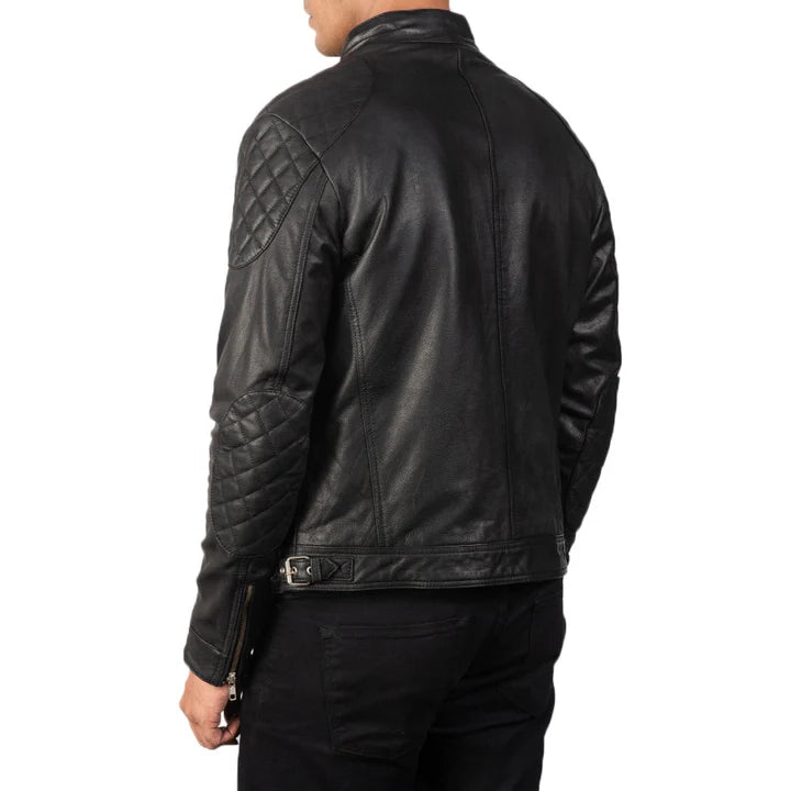 Gatsby black leather biker jacket flat lay sleeve detail