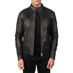 Men's black leather biker jacket front view with zip pockets and collar