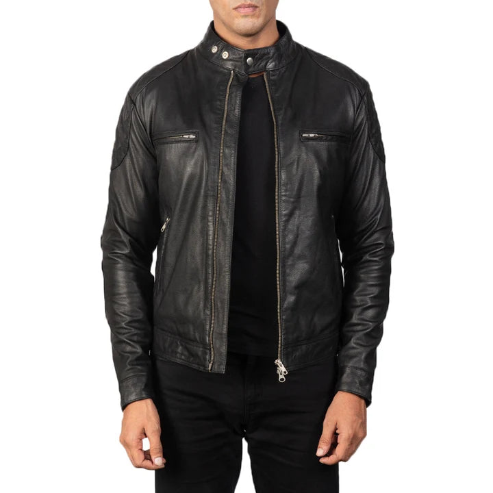 Men's black leather biker jacket front view with zip pockets and collar