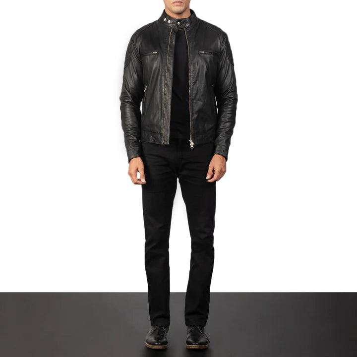 Gatsby black leather biker jacket full body styling with pants