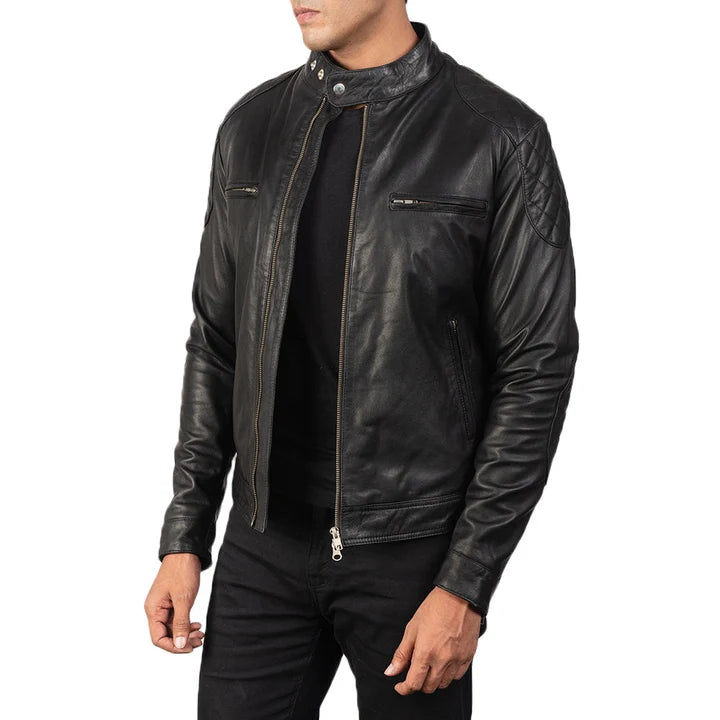 Gatsby black leather biker jacket side view