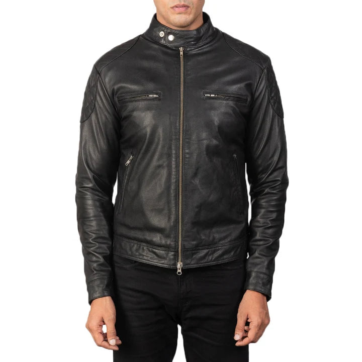 Gatsby black leather biker jacket front view on model