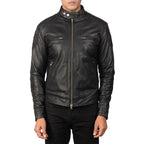 Gatsby black leather biker jacket front view on model
