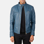Men's blue leather biker jacket back view with quilted panel detail