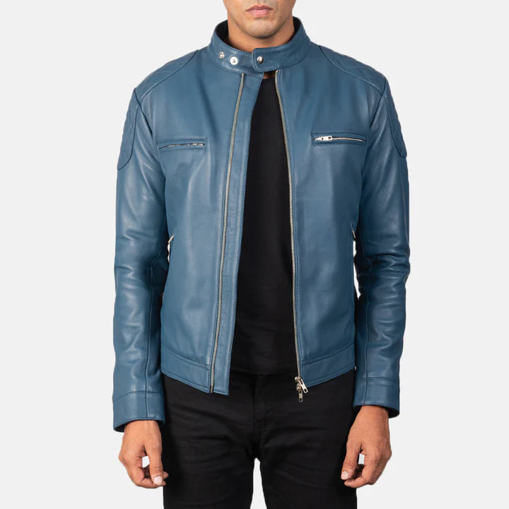 Men's blue leather biker jacket back view with quilted panel detail