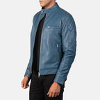 Gatsby blue leather biker jacket side view