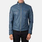 Gatsby blue leather biker jacket front view on model