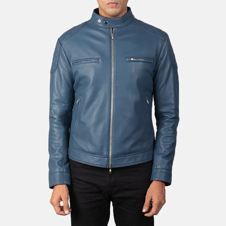 Gatsby blue leather biker jacket front view on model