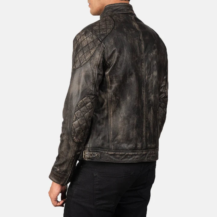 Gatsby distressed brown leather jacket close-up pocket and zipper detail