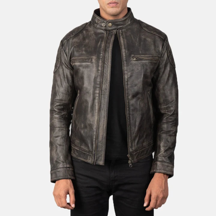 Men's distressed brown leather jacket front view with zip pockets