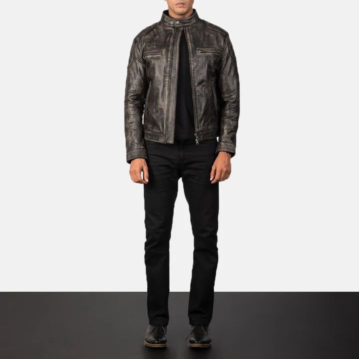 Gatsby distressed brown leather jacket full body styling with pants