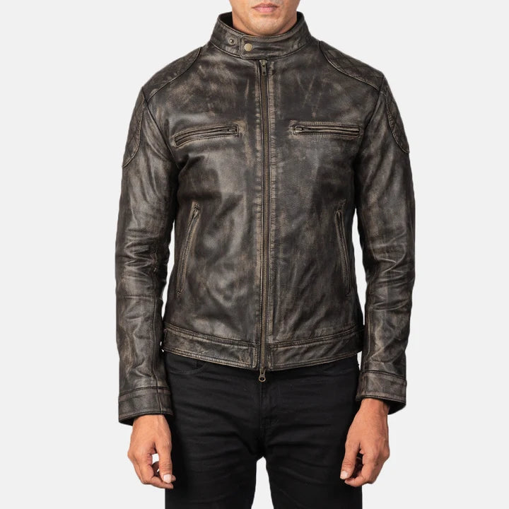 Gatsby distressed brown leather jacket front view on model