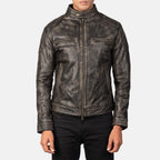Gatsby distressed brown leather jacket front view on model