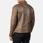 Gatsby mocha leather biker jacket close-up quilted shoulder detail