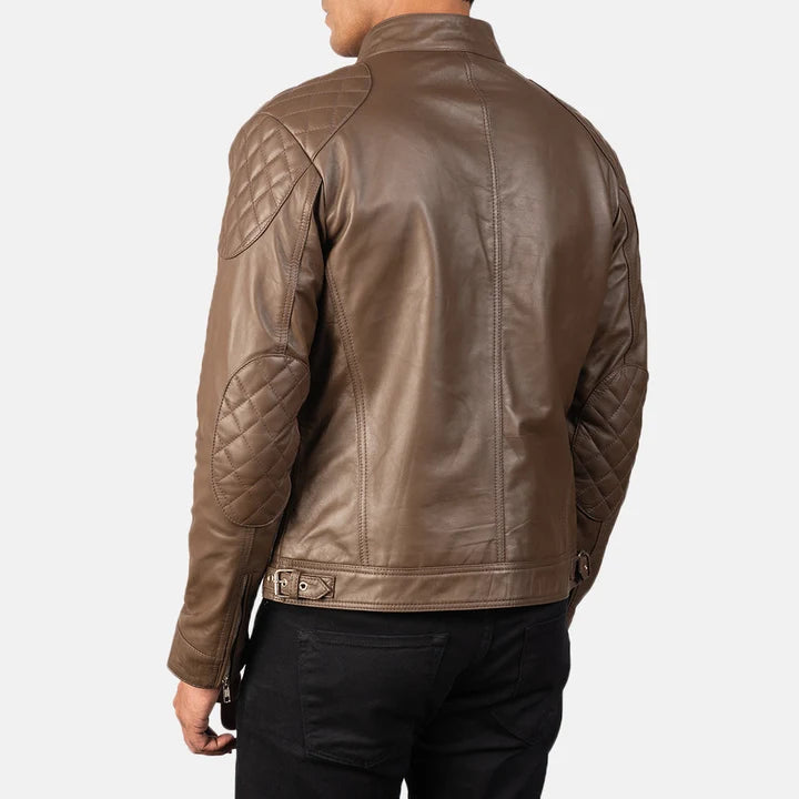 Gatsby mocha leather biker jacket close-up quilted shoulder detail
