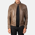 Men's mocha leather biker jacket back view with quilted panel detail