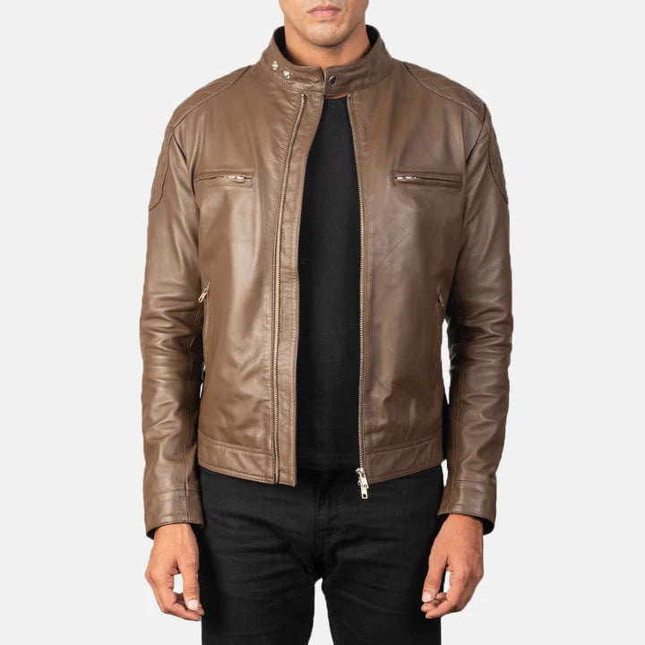 Men's mocha leather biker jacket back view with quilted panel detail