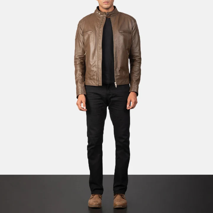 Gatsby mocha leather biker jacket full body styling with pants