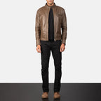 Gatsby mocha leather biker jacket full body styling with pants