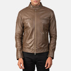 Gatsby mocha leather biker jacket front view on model