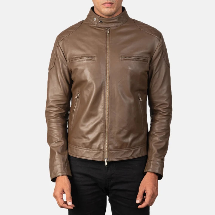 Gatsby mocha leather biker jacket front view on model