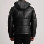 Men’s Gordon black hooded leather puffer jacket with quilted back panels