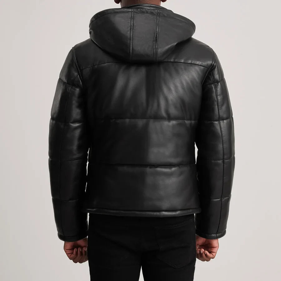 Men’s Gordon black hooded leather puffer jacket with quilted back panels