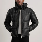 Men’s Gordon black leather puffer jacket worn open with drawstring hood and stand-up collar